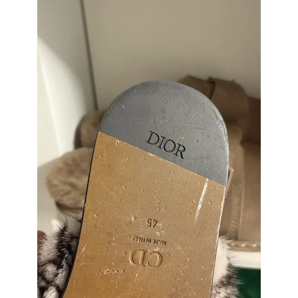 Christian Dior Oblique Mink Fur Dway Mule Slides Men Size 45 US 12 Beige Brown
